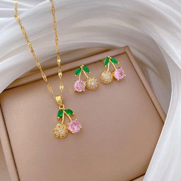 Cherry Jewelry Set – Pink Gemstone & Gold Crystal Design
