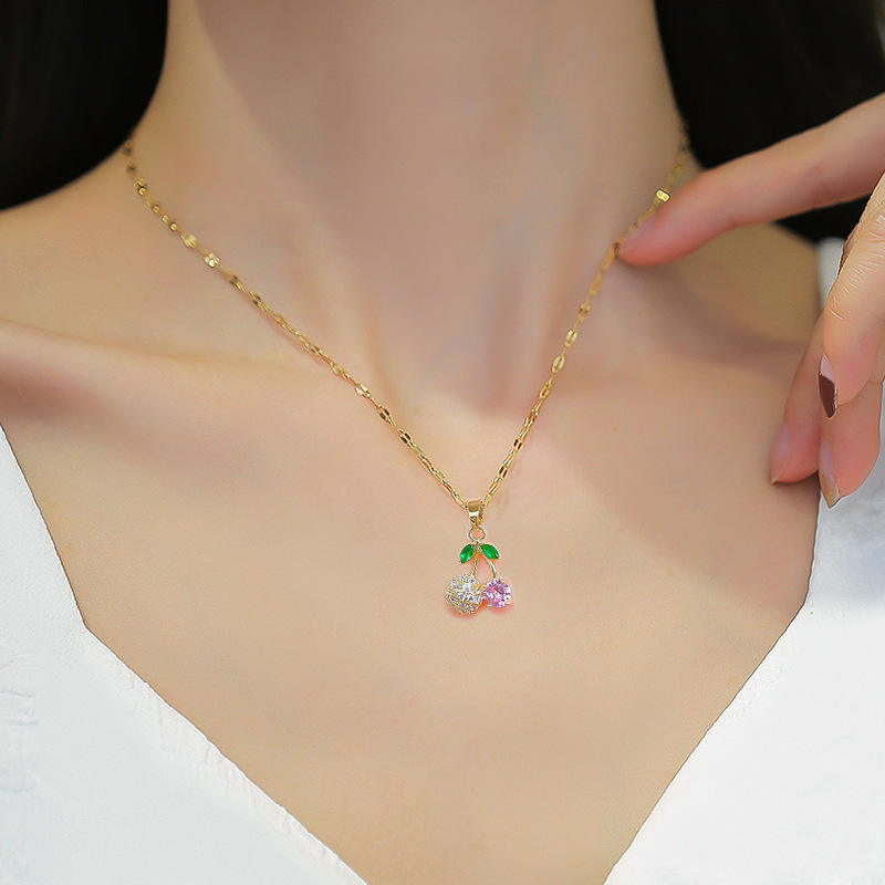 Cherry Jewelry Set – Pink Gemstone & Gold Crystal Design