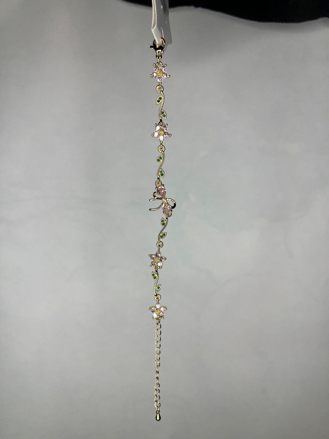 Gold Floral Bracelet with Pink Blossoms & Green Leaves – Elegant Nature‑Inspired Jewelry