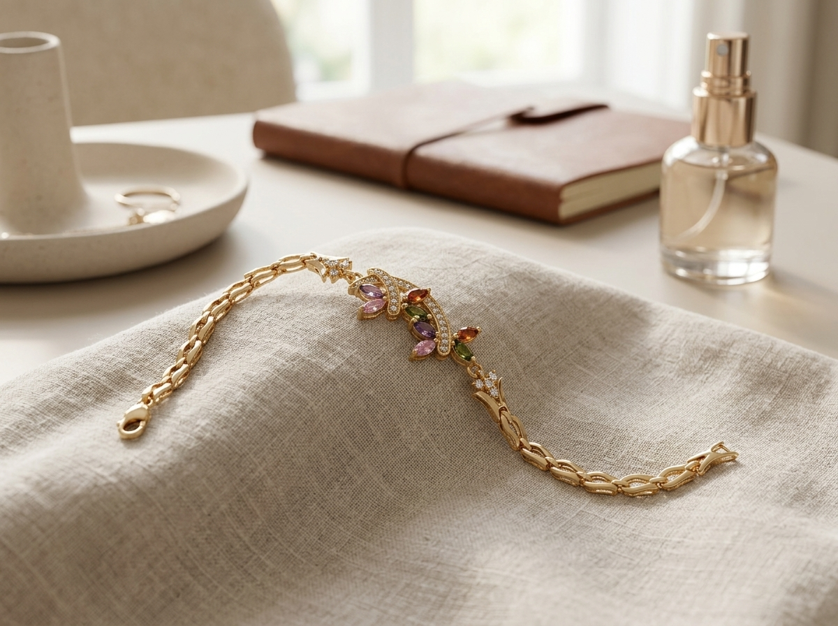 Gold plated bracelet with multicolor cubic zirconia stones on beige fabric