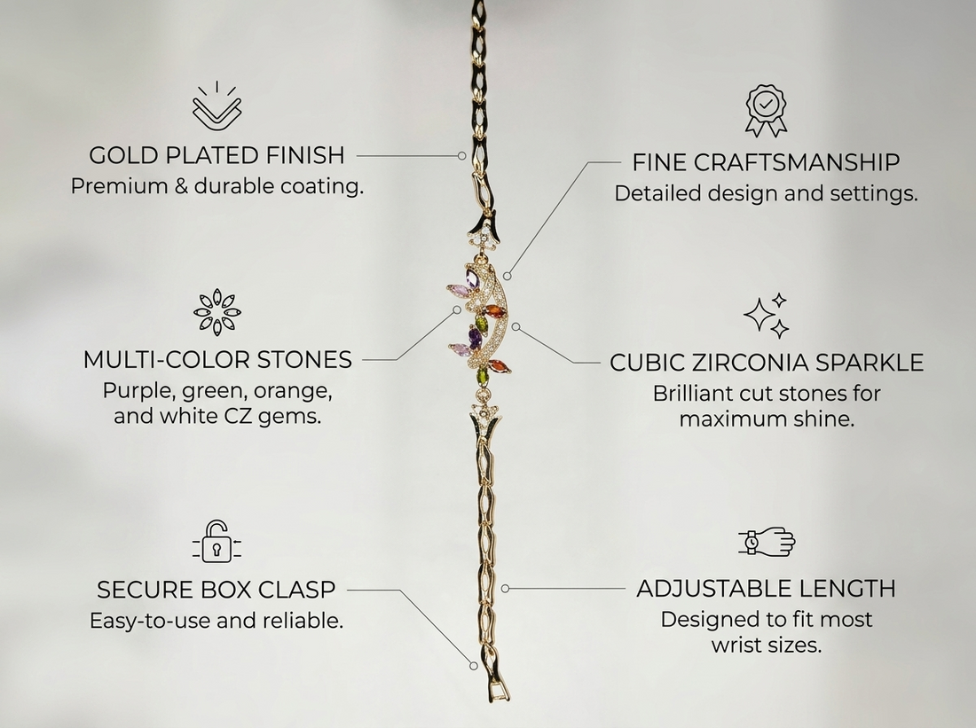 Gold plated bracelet with multicolor cubic zirconia stones on beige fabric