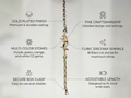 Detailed infographic showing gold plated finish, secure clasp, multi-color stones, and adjustable length features