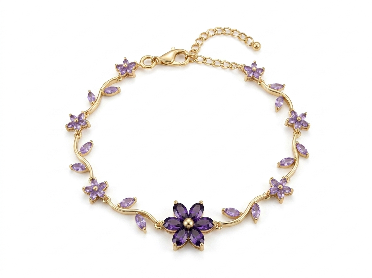 Gold-plated floral amethyst bracelet displayed on white background showing clasp and stones