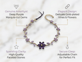 Detailed infographic showing genuine amethyst gems, delicate gold vines and flowers, sparkling clarity, and secure adjustable clasp