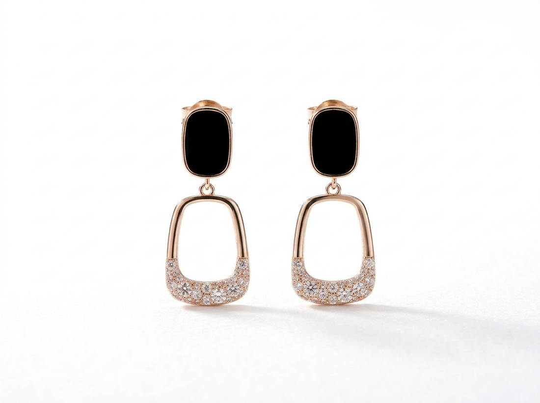 Black Stone & Gold Rectangular Drop Earrings – Modern Luxury Jewelry for Women