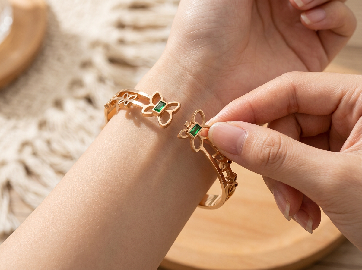 Gold Butterfly Bracelet with Green Gemstones – Elegant Women’s Jewelry